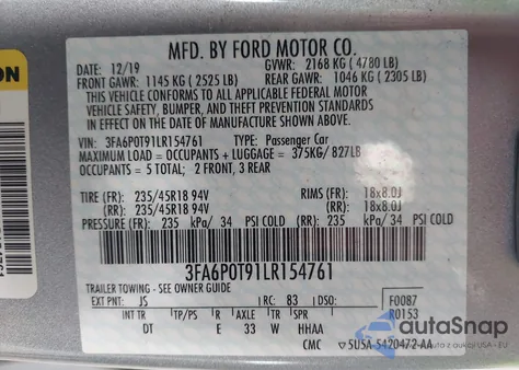 2020 Ford Fusion Se from USA, damaged, VIN 3FA6P0T91LR154761